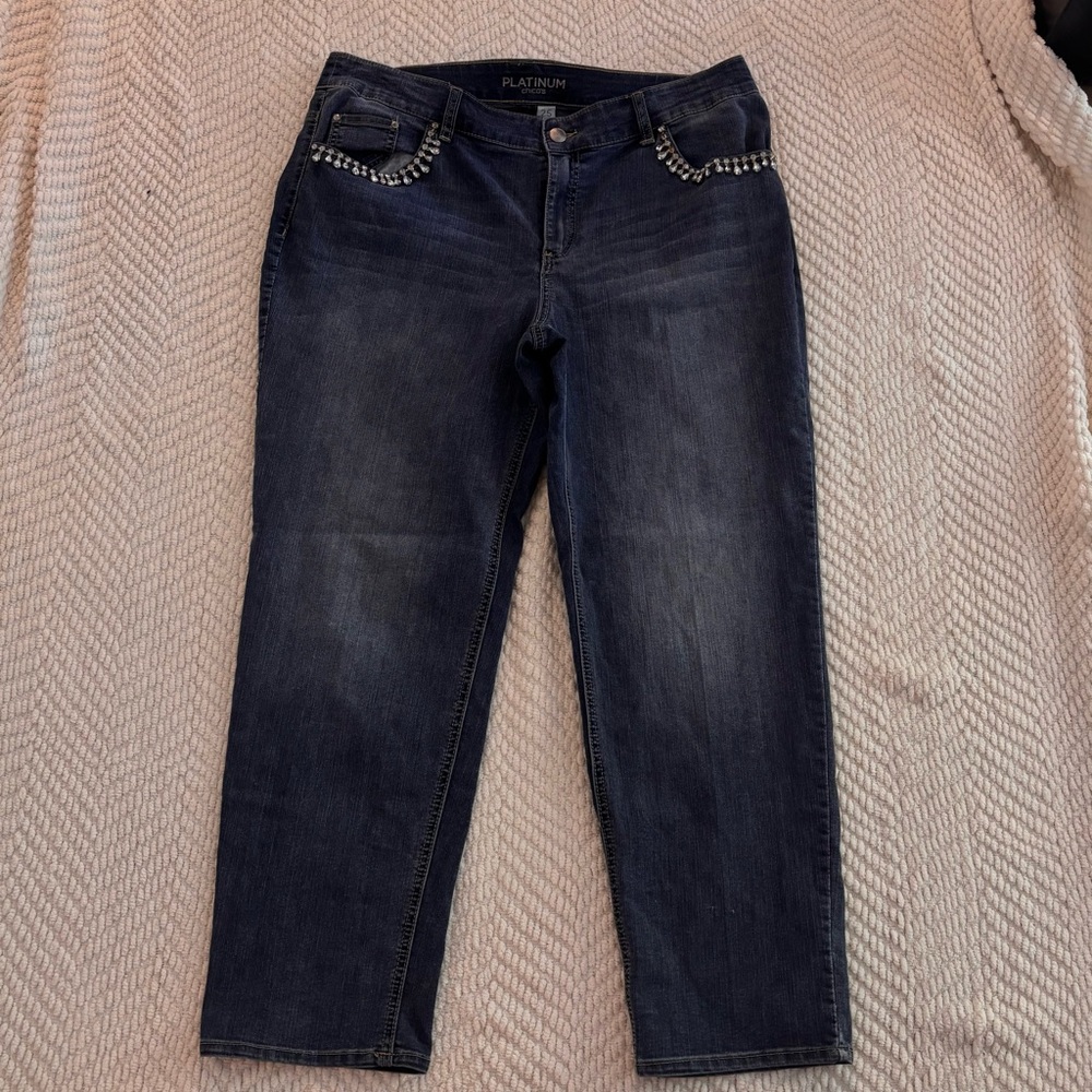 Chico's Dark Blue Straight Leg Jeans with Studded Pockets